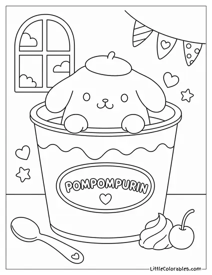 Pompompurin Sitting Inside a Giant Pudding Cup Coloring Page
