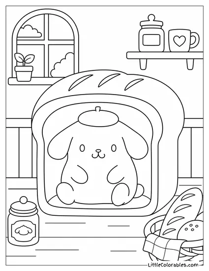 Pompompurin Sitting Inside a Warm Bread Loaf Coloring Page