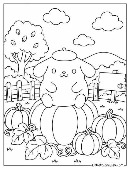 Pompompurin Sitting on a Pumpkin in a Patch Coloring Page