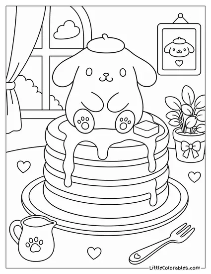 Pompompurin Sitting on a Stack of Fluffy Pancakes Coloring Page