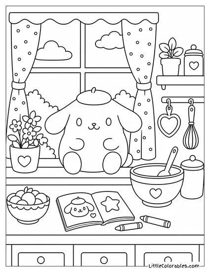 Pompompurin Sitting on a Warm Kitchen Windowsill Coloring Page