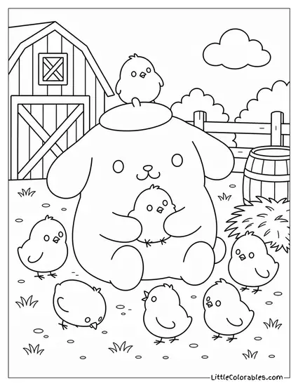 Pompompurin Surrounded by Baby Chicks in a Barnyard Coloring Page