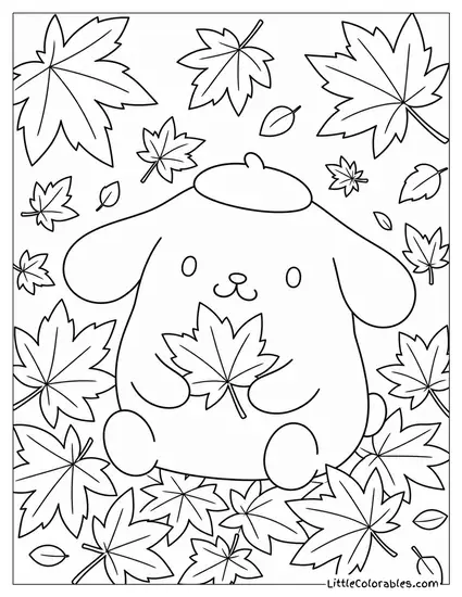 Pompompurin Surrounded by Golden Autumn Maple Leaves Coloring Page