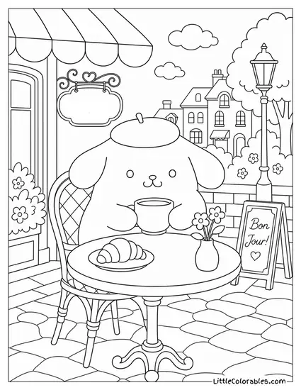 Pompompurin Wearing a Beret at an Outdoor Cafe Coloring Page