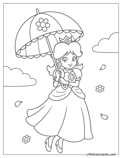 Princess Daisy Holding Umbrella Among Flowers Coloring Page
