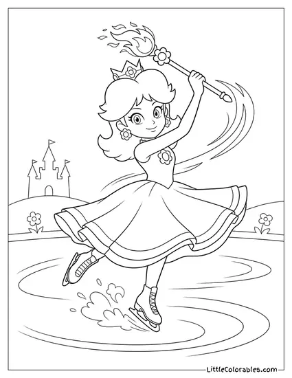 Princess Daisy Ice Skating With Torch Coloring Page