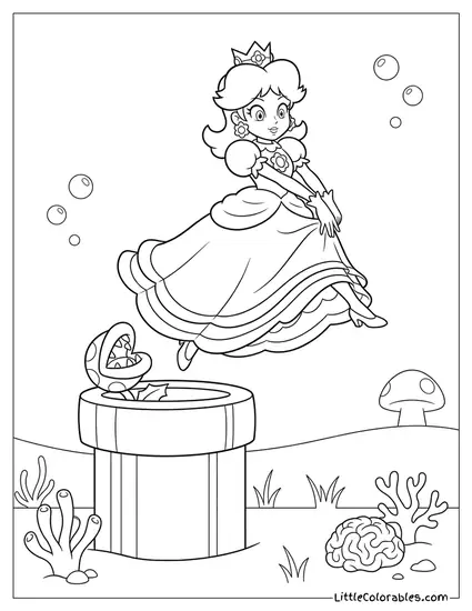 Princess Daisy Jumping Over Piranha Plant in Pipe Coloring Page