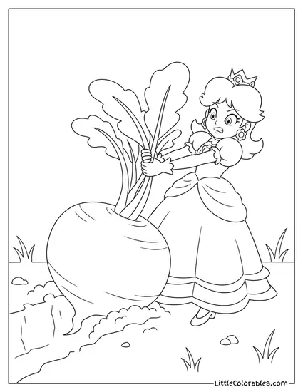 Princess Daisy Pulling a Giant Turnip Coloring Page