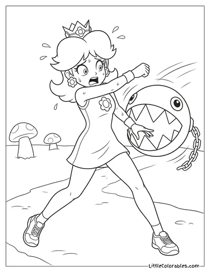 Princess Daisy Running From Chain Chomp Coloring Page