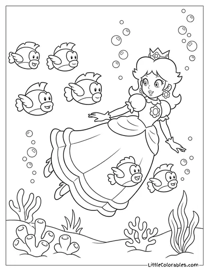 Princess Daisy Swimming With Fish and Bubbles Coloring Page