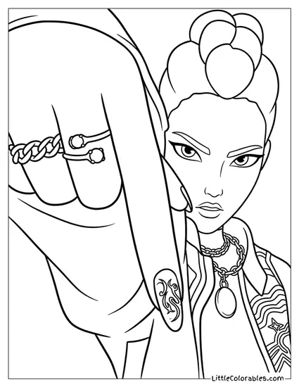 Rumi Close Up With Intense Stare and Detailed Nails Coloring Page