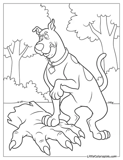 Scooby Doo Angrily Stomping on a Fake Green Monster Hand Coloring Page
