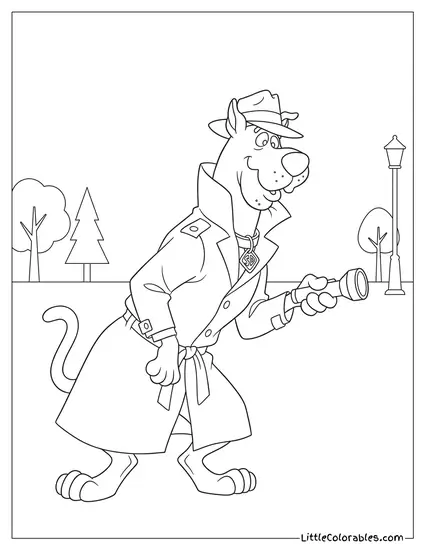 Scooby Doo Dressed in a Detective Coat Holding a Flashlight Coloring Page