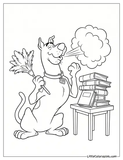 Scooby Doo Dusting Old Books Causing a Massive Sneeze Coloring Page