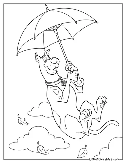 Scooby Doo Floating Down Holding a Large Umbrella Handle Coloring Page