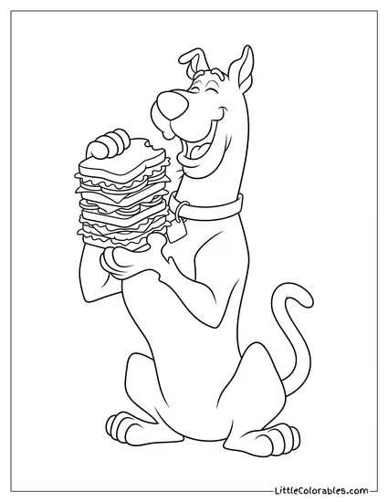 Scooby Doo Happily Eating a Massive Multi Layered Sandwich Coloring Page