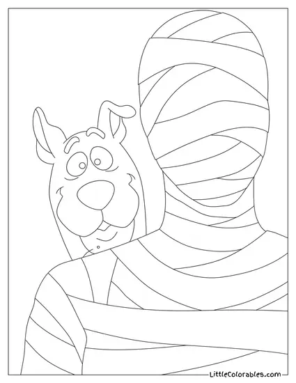 Scooby Doo Peeking Nervously Out From Behind a Mummy Coloring Page