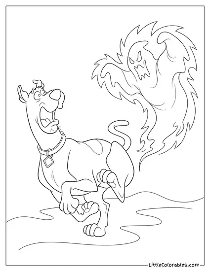 Scooby Doo Running Frantically Away From a Glowing Ghost Coloring Page