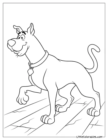 Scooby Doo Tip Toeing Cautiously Across a Creaking Wooden Floor Coloring Page