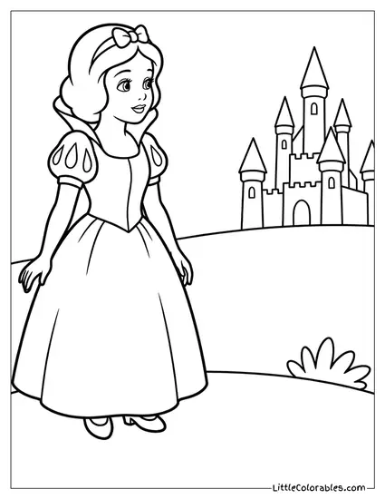 Snow White and Castle in the Background Coloring Page