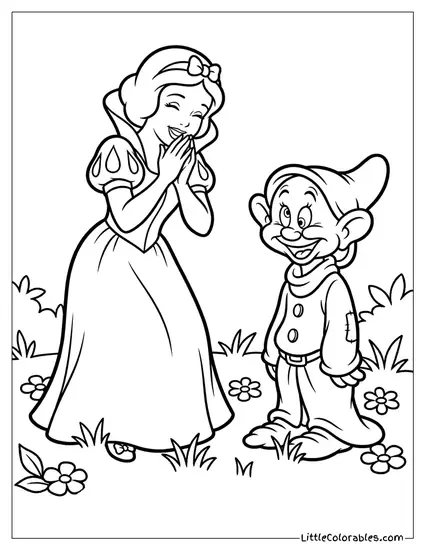 Snow White and Dopey Laughing in the Grass Coloring Page