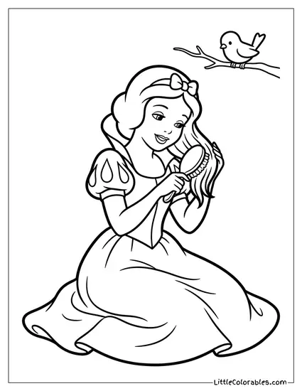 Snow White Brushing Hair With Bird on Branch Coloring Page