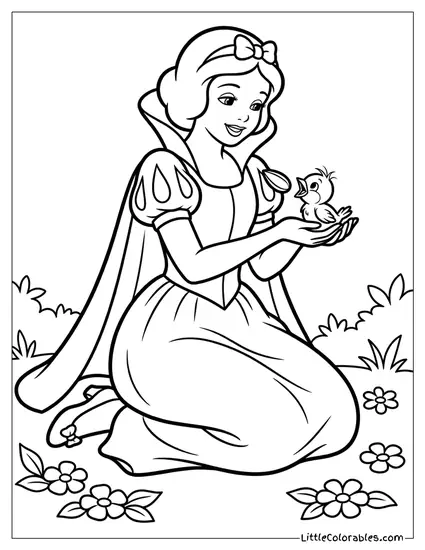 Snow White Holding a Baby Bird Coloring Page