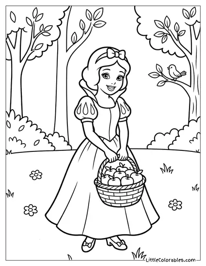 Snow White Holding Apple Basket in Forest Coloring Page