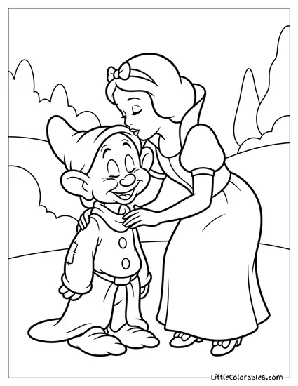Snow White Kissing Grumpy on the Cheek Coloring Page