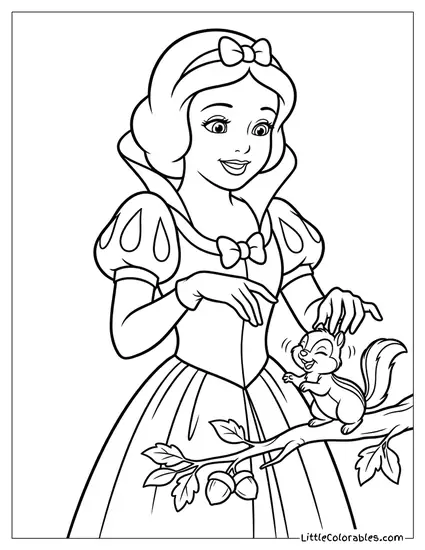 Snow White Petting Chipmunk on Tree Branch Coloring Page