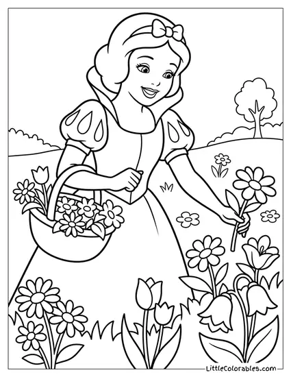 Snow White Picking Flowers With Basket Coloring Page