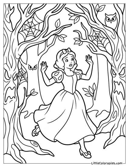 Snow White Running From Scary Forest Coloring Page