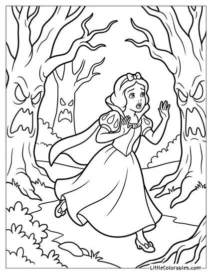 Snow White Running From Scary Trees Coloring Page