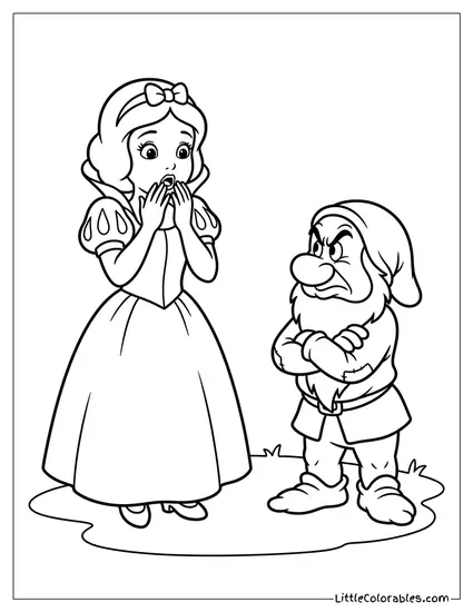 Snow White Shocked at Grumpy Dwarf Coloring Page