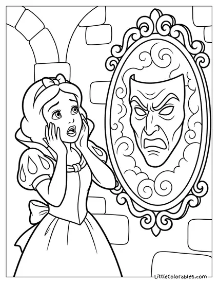 Snow White Shocked by Magic Mirror Coloring Page
