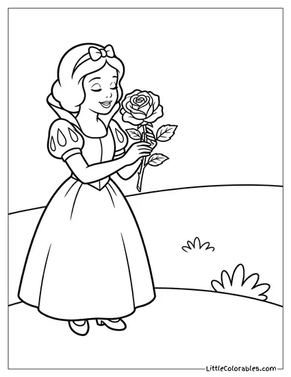 Snow White Smelling a Rose in the Grass Coloring Page