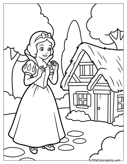 Snow White Standing Near a Cottage Coloring Page