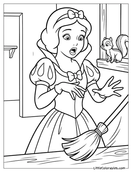 Snow White Surprised by Squirrel With Broom Coloring Page