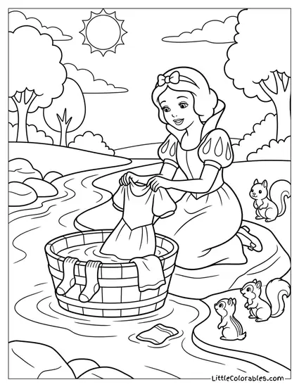 Snow White Washing Clothes in River With Squirrels Coloring Page