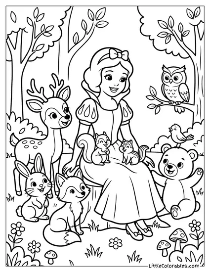 Snow White With Animals in Forest Coloring Page
