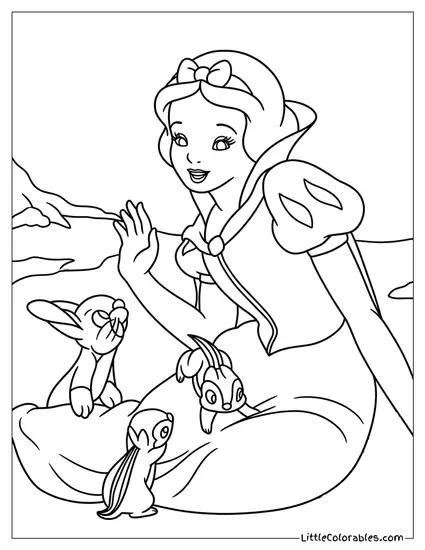 Snow White With Three Animal Friends Coloring Page