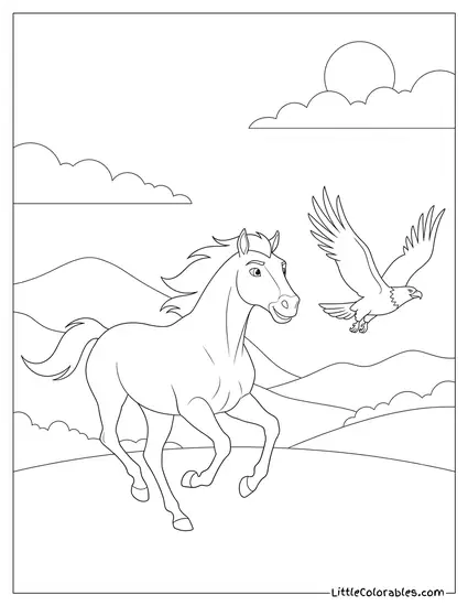 Spirit the Horse Chasing a Fast Beautiful Golden Eagle Coloring Page