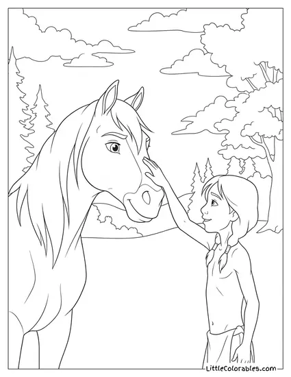 Spirit the Horse Getting Gently Patted by a Kid Coloring Page