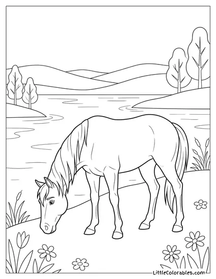 Spirit the Horse Grazing Peacefully Near a Quiet Lake Coloring Page