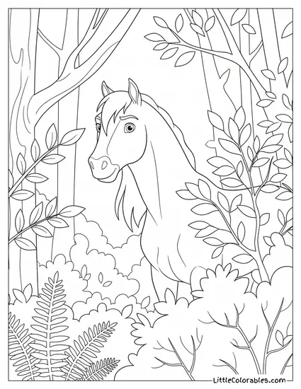 Spirit the Horse Peeking Cautiously From a Forest Thicket Coloring Page