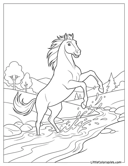 Spirit the Horse Playfully Splashing Water at Little Creek Coloring Page