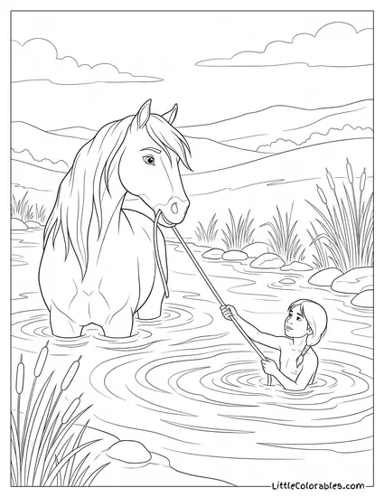 Spirit the Horse Pulling a Kid From Deep Water Coloring Page