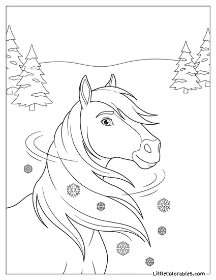 Spirit the Horse Shaking White Winter Snow Off Mane Coloring Page