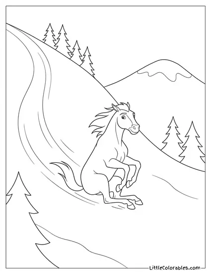 Spirit the Horse Sliding Fast Down a Snowy Mountain Coloring Page