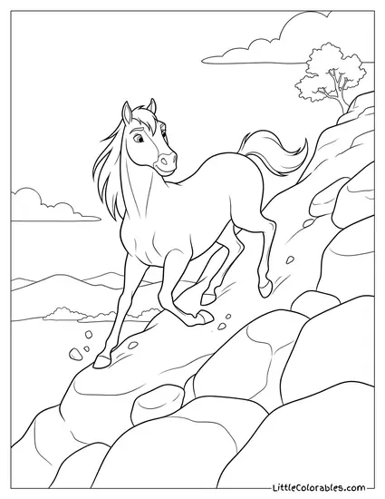 Spirit the Horse Slipping on a Steep Rocky Hill Coloring Page